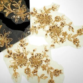One Pair Gold 3D Flower Beaded Embroidery Sew On Patches Sequin Lace Applique Collar Patches for Wedding Dress Costume Clothing Craft