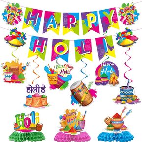Happy Holi Banner Decorations - 11 PCs Colorful Festival Party Banners for Home Religious Hanging Swirls Bunting Supplies Table Honeycomb Centerpieces Holiday Fiesta Favor Backdrop Decor