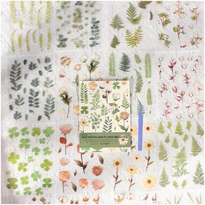 400Pcs Transparent PET Pressed Flower Stickers Pre-Cut Sticker Book, Red Maple Dried Floral Resin Stickers for Scrapbooking Supplies, Junk Journaling, 20 Sheets, with A Tweezer