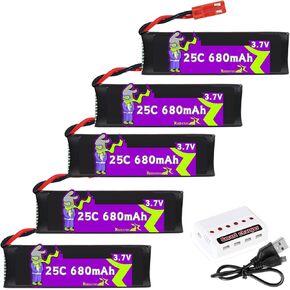 5 Pcs 3.7V 680mAh 25C JST Plug(red) LiPo Battery,Fit for UDI U817 U817A V959 V222 V929 RC Drone Quadcopter Aircraft Rechargeable Lithium Batteries with a 6 in 1 Direct JST Charger