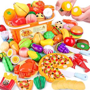 92PCS Cutting Play Food Toy for Kids, Play Kitchen with Vegetables & Fruit Shopping Basket, Kids Kitchen Accessories Set, Best Birthday Gift for Toddlers 1-3