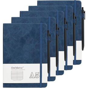 Notebooks Journal for Women Men 5 Pack Bulk Leather Hardcover with Pen Holder A5 200 Pages 100 GSM Thick Paper for Work School Lined Black
