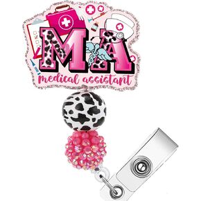 AFRITEE MA Badge Reel Holder - Cute Badge Reels Retractable Lanyards for Work Cards Name Cards, Pink Badge Holder MA Easy Closure with Glitter Patch, Nurse's Day Gifts for Nurses