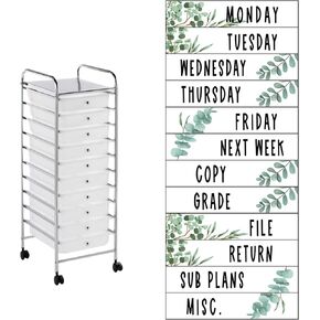 12 Pieces Rolling Storage Cart Labels 10 Drawer Rolling Storage Cart Labels Rolling Cart Labels Eucalyptus Classroom Decor for Teacher Office School Classroom Organization