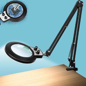 10X Magnifying Glass with Light and Stand, 2-in-1 Large Base & Clamp LED Magnifying Lamp, Any Color Modes Stepless Dimmable Hands Free Lighted Magnifier for Craft Reading Jewelry Close Work