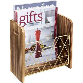 MyGift Brass Wire Wall Mounted Magazine Holder Rack with Solid Burnt Wood Side Panels, Home Office Waiting Room Hanging Brochure Document File Folder Organizer with Geometric Design