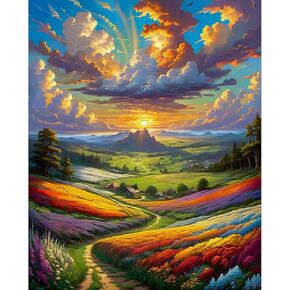 Fountor Paint by Numbers مجموعة للمبتدئين ، Sunset Landscape Paint by Thumber kits on Canvas بدون إطار ، طلاء زيت Sky Grassland Clahery بأرقام للديكور المنزلي 16 "W × 20" L.