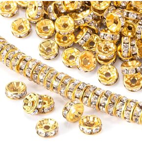 100PCS Silver Plated Spacer Beads for Jewelry Making, 8mm Crystal Rhinestone Bracelet Beads Valentines Wedding Rondelle Round Necklace Earring for Women Mother