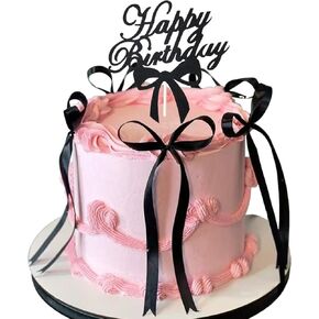 Bow Cake Topper, Ribbon Cake Topper with Happy Birthday sign, Black Vintage Cake Topper for Coquette Birthday Party Decorations,Bowknot Cake Decorations Birthday Cake Accessory for Girls Women.