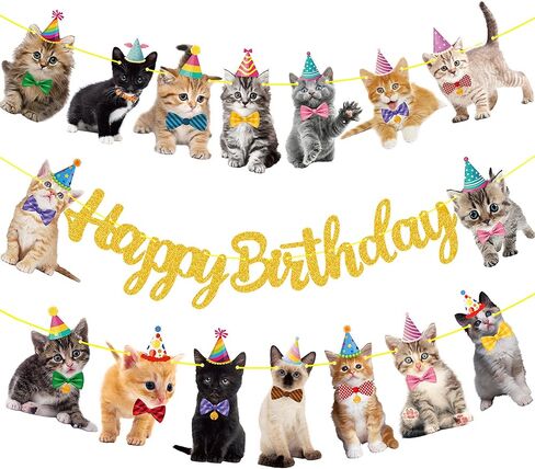 Cat Birthday Banner Kitten Party Decorations Gold Glitter Happy Birthday Banner for Pet Kitten Theme Party Supplies in Kuwait