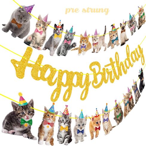 Cat Birthday Banner Kitten Party Decorations Gold Glitter Happy Birthday Banner for Pet Kitten Theme Party Supplies in Kuwait
