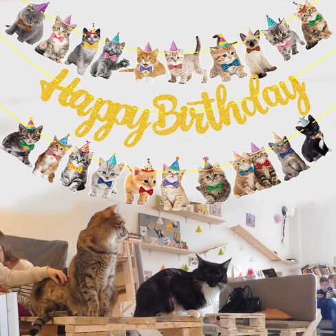 Cat Birthday Banner Kitten Party Decorations Gold Glitter Happy Birthday Banner for Pet Kitten Theme Party Supplies in Kuwait