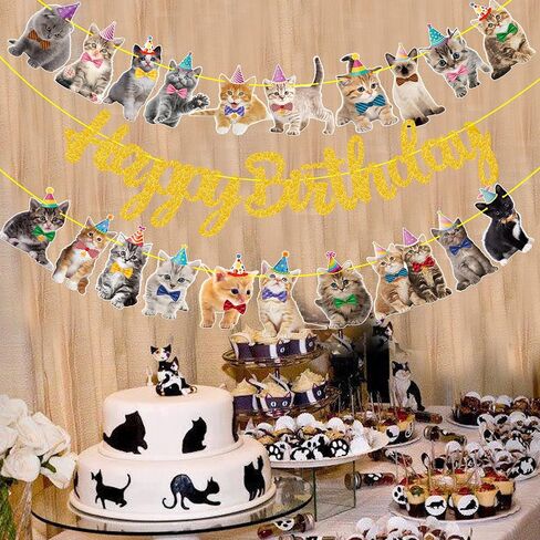 Cat Birthday Banner Kitten Party Decorations Gold Glitter Happy Birthday Banner for Pet Kitten Theme Party Supplies in Kuwait