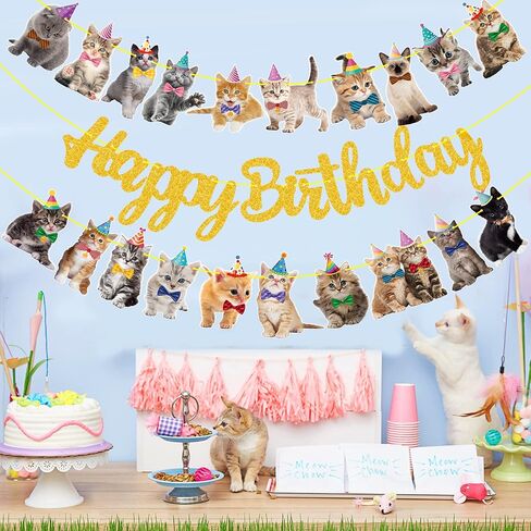 Cat Birthday Banner Kitten Party Decorations Gold Glitter Happy Birthday Banner for Pet Kitten Theme Party Supplies in Kuwait