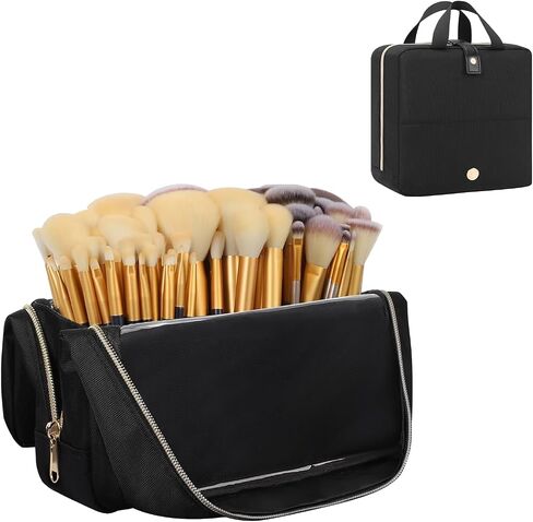 Large Makeup Brush Holder, Portable Stand-up Makeup Brush Organizer Bag, Foldable Makeup Brush Travel Case with Detachable Dividers, Professional Artist Makeup Brush Storage Bag (Brushes Not included) in Saudi Arabia