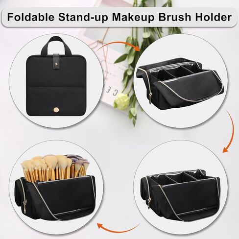 Large Makeup Brush Holder, Portable Stand-up Makeup Brush Organizer Bag, Foldable Makeup Brush Travel Case with Detachable Dividers, Professional Artist Makeup Brush Storage Bag (Brushes Not included) in Saudi Arabia