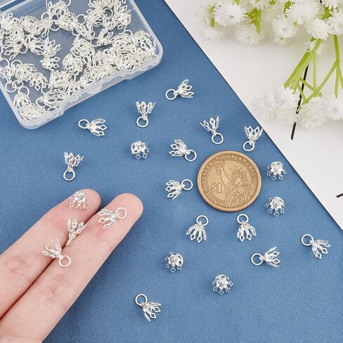 SUPERFINDINGS 80Pcs Flower Bead Caps Silver Brass Bead Cap Bails 7-Petal Filigree Prong Spacer Beads Bell Bead Cap Bail End with Loops for Earrings Bracelets Necklaces Jewelry DIY Craft, Hole: 3mm in Saudi Arabia