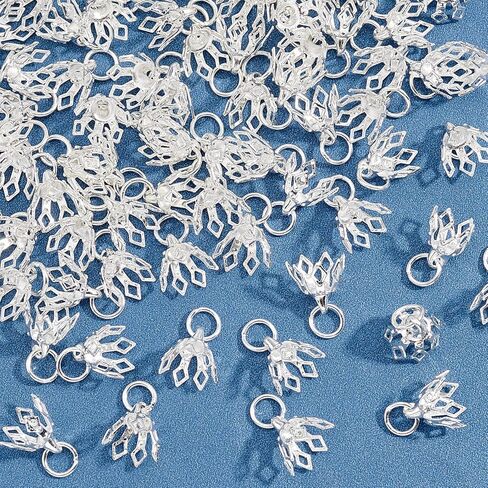 SUPERFINDINGS 80Pcs Flower Bead Caps Silver Brass Bead Cap Bails 7-Petal Filigree Prong Spacer Beads Bell Bead Cap Bail End with Loops for Earrings Bracelets Necklaces Jewelry DIY Craft, Hole: 3mm in Saudi Arabia