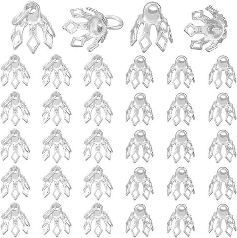 SUPERFINDINGS 80Pcs Flower Bead Caps Silver Brass Bead Cap Bails 7-Petal Filigree Prong Spacer Beads Bell Bead Cap Bail End with Loops for Earrings Bracelets Necklaces Jewelry DIY Craft, Hole: 3mm in Saudi Arabia