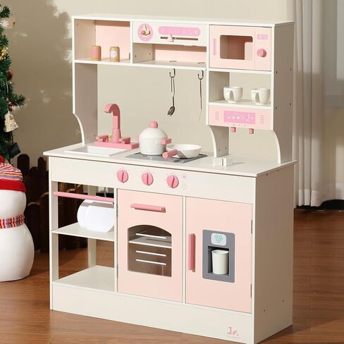SainSmart Jr. Play Kitchen for Kids, Wooden Kitchen Playset with Lights & Sounds, Ice Maker, Oven & Sink, Trendy Home Style Toy Kitchen, Gift for 3+ Years in Kuwait