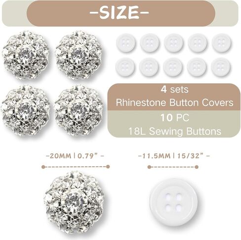 Button Covers 4 Sets Rhinestone Buttons, 10 Pcs 18L 11.5MM 15/32" Sewing Buttons, Silver White Crystal Buttons for Women Men Suitable Sewing DIY and Holiday Decoration Embellishments in Saudi Arabia