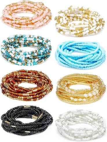 Sureio 8 Pieces 50 Inch Handmade Waist Beads African Belly Beads Chain Plus Size Belly Body Beads for Women Colorful Waist Jewelry Accessories in Kuwait
