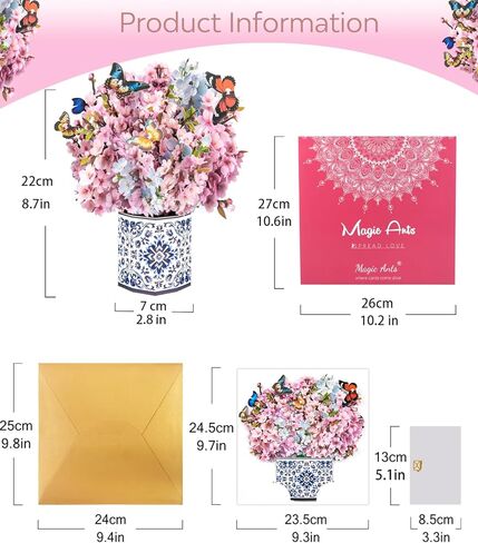 Cherry Blossom 3D Pop Up Card with Butterflies Floral Bouquet with Envelopes and Note Card for Birthdays Mother’s Day Anniversary Valentines Day and Special Occasions for Mom Grandma Wife and Friend in Kuwait