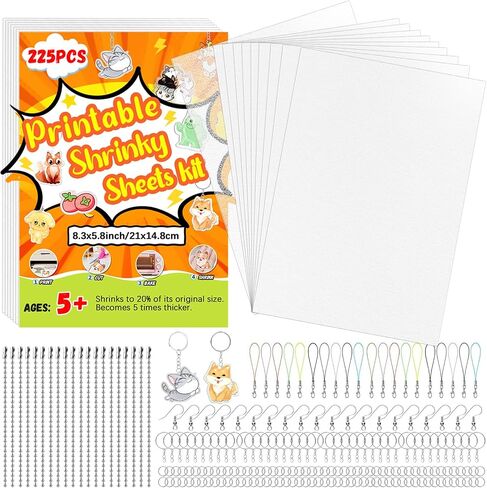 OFNMY Printable Shrinky Dink Sheets,225PCS Shrinky Dink Keychain Kit with 25 Printable Shrink Plastic Sheets 100PCS Keychains and Open Iron Ring for Inkjet Printer Kids DIY Crafts Mothers Day Gifts in Kuwait