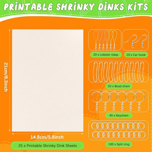 OFNMY Printable Shrinky Dink Sheets,225PCS Shrinky Dink Keychain Kit with 25 Printable Shrink Plastic Sheets 100PCS Keychains and Open Iron Ring for Inkjet Printer Kids DIY Crafts Mothers Day Gifts in Kuwait