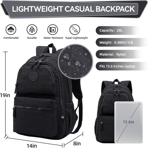28L Large Lightweight Nylon Travel Laptop Backpack for Men Women Computer Work Backpacks Casual Travel Back Pack Hiking Cycling Daypack Backpack, Fits 15.6 Inch Laptop - Black in Saudi Arabia