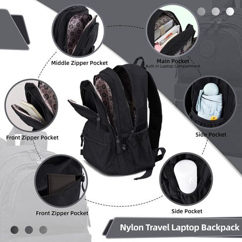 28L Large Lightweight Nylon Travel Laptop Backpack for Men Women Computer Work Backpacks Casual Travel Back Pack Hiking Cycling Daypack Backpack, Fits 15.6 Inch Laptop - Black in Saudi Arabia