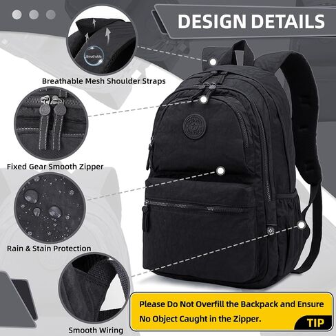 28L Large Lightweight Nylon Travel Laptop Backpack for Men Women Computer Work Backpacks Casual Travel Back Pack Hiking Cycling Daypack Backpack, Fits 15.6 Inch Laptop - Black in Saudi Arabia