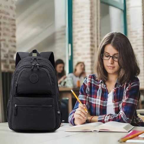 28L Large Lightweight Nylon Travel Laptop Backpack for Men Women Computer Work Backpacks Casual Travel Back Pack Hiking Cycling Daypack Backpack, Fits 15.6 Inch Laptop - Black in Saudi Arabia