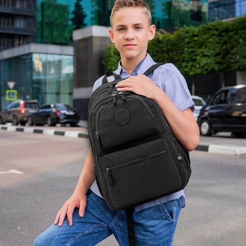 28L Large Lightweight Nylon Travel Laptop Backpack for Men Women Computer Work Backpacks Casual Travel Back Pack Hiking Cycling Daypack Backpack, Fits 15.6 Inch Laptop - Black in Saudi Arabia