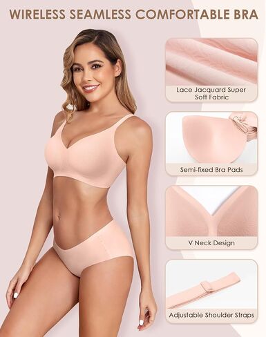 Wireless Bra Seamless Lace Jacquard No Underwire Bras for Women Full Coverage V Neck Comfortable Bralette in Saudi Arabia