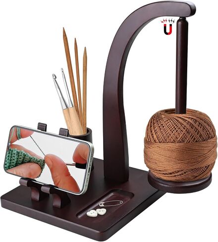 Magnetic Yarn Holder for Knitting and Crocheting, Wooden Yarn Spool Rack with Phone Stand and Crochet Accessories Storage, Anti-Slip Pads, Yarn Ball Holder Spinner for Crocheters Knitting Lovers in Kuwait