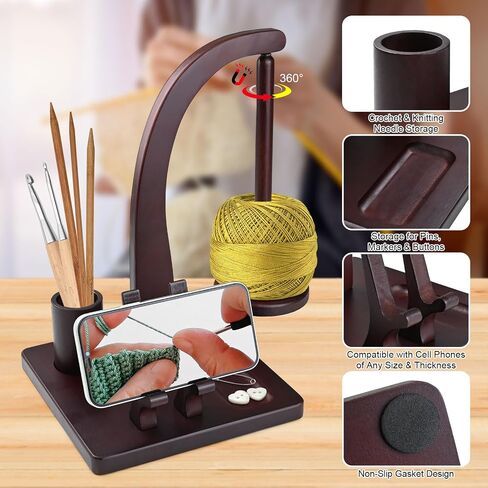 Magnetic Yarn Holder for Knitting and Crocheting, Wooden Yarn Spool Rack with Phone Stand and Crochet Accessories Storage, Anti-Slip Pads, Yarn Ball Holder Spinner for Crocheters Knitting Lovers in Kuwait