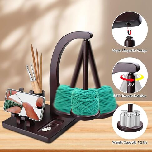 Magnetic Yarn Holder for Knitting and Crocheting, Wooden Yarn Spool Rack with Phone Stand and Crochet Accessories Storage, Anti-Slip Pads, Yarn Ball Holder Spinner for Crocheters Knitting Lovers in Kuwait