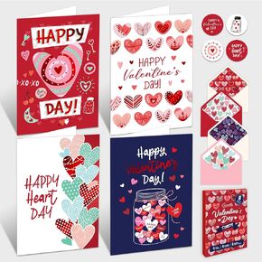 Decorably 8 Pack Foiled 4x6in Valentines Day Cards with Envelopes and Stickers, 4 Elegant Designs Valentines Cards for Adults, Family, Friends with Printed Message Inside