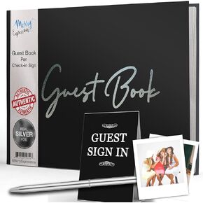 Black Guest Book & Pen – 9"x7" Hardcover 100 Page/50 Sheets - Silver Foil Gilded Edges for Guests & Visitors to Sign at Weddings, Party, Baby or Bridal Shower - Blank Left Page for Polaroids
