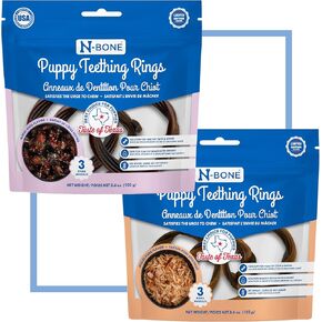N-Bone Puppy Teething Rings Texas BBQ 3 Count Bag Variety Pack, Burnt Ends & Pulled Pork Flavor, Total 2 Bags, 7.2-oz, 6 Rings