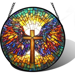 Stained Glass Window Hanging - Jesus Cross Wings Suncatcher Ready to Hang Window Doors Home Decoration and Christmas, Mother's Day Birthday Gifts for Women, Men, and Mom 9.8x9.8 in