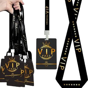 50 Sets PVC VIP Badge lanyards and Plastic Pass Cards, Perfect for Backstage Access,Breakaway Concerts, Parties, Birthdays, ensuring a and Functional Solution for Event Organizers.(Darkgrey, Gold)