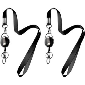 2 Lanyards + 2 Retractable Badge Reel with Clip and Key Ring for ID Card Holders (Black)