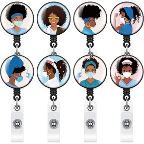 8 Pieces Black Girl Nurse Badge Reel Retractable Nurse Badge Holder Cute Badge Reels Retractable Badge Reel with Clip Nursing ID Badge Holder for Doctor Volunteer Gift (Simple Style)