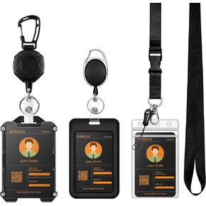 2 Pack Retractable Keychain Heavy Duty Carabiner Badge Reel with Cool Hard ID Holder, 1 Pack Clear Vertical ID Holder with Lanyard