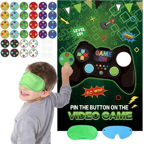 Pin the Button on the Video Game with 32PCS Video Game Stickers 20’’ X 28’’ Video Game Party Favors Poster for Kids Wall Home Room Video Game Birthday Party Decorations Supplies