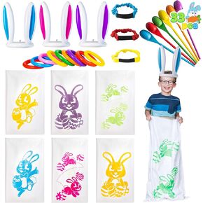 JOYIN 6 Easter Player Potato Sack Race Jumping Bags, Spoon and Egg Race, Legged Relay Race Bands Elastic Tie Rope for Easter Theme Party Favor, Outside Lawn,Easter Eggs Hunt Game Activities