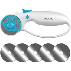 NICAPA 45mm Rotary Cutter for Fabric with Safety Lock Ergonomic Classic Comfort Loop Rotary Cutter for Crafting Sewing Quilting (Extra 5pcs 45mm Replacement Blades Included)