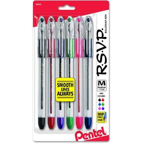 Pentel R.S.V.P. Ballpoint Pen, Medium Line, Assorted Ink, 6 Pack (BK91BP6M)